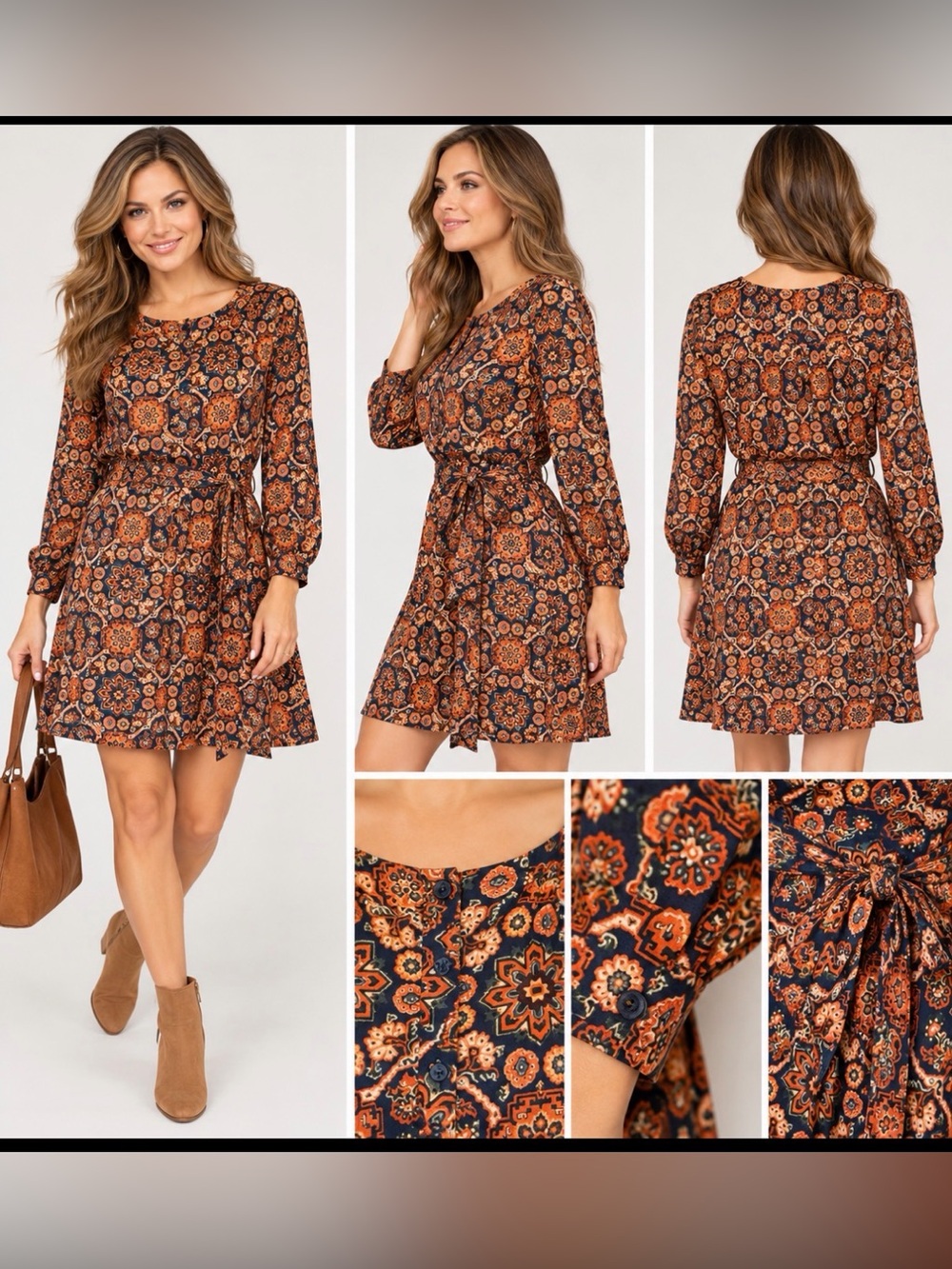 LOFT Outlet Petite LP Boho Print Belted Shirt Dress Orange Navy